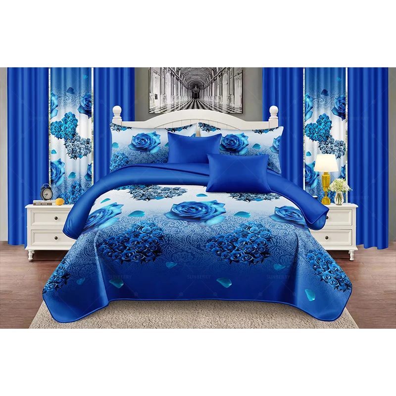 10-Pieces-Bedding-Set-With-Matching-Curtains-Elegant-Blue-Rose-Quilt-Set-Printed-Bed-Sheet-Set-Cotton-Touch-Bedspread-Set