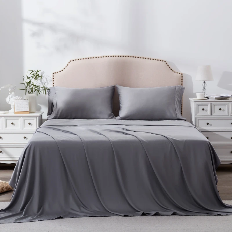 100-Bamboo-Sheets-Queen-Size-Sheet-and-Pillowcase-Set-Cooling-4-Piece-Bedding-Sheet-Set-Grey
