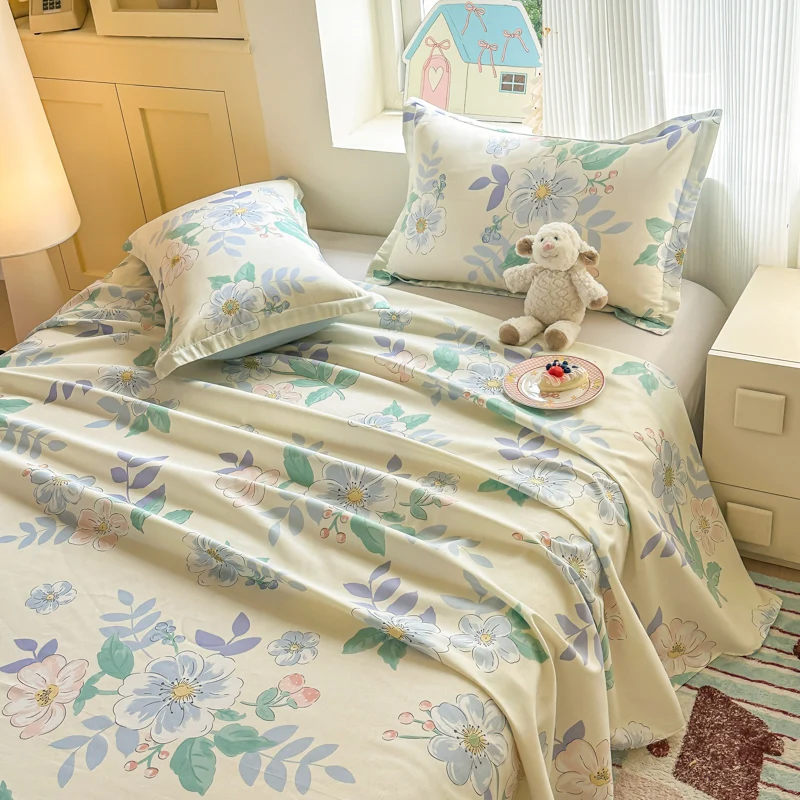 100-Cotton-200TC-Breathable-Flat-Bed-Sheet-Set-with-Printed-Pillowcase-Fitted-Sheet-for-Hotel-Home-Use