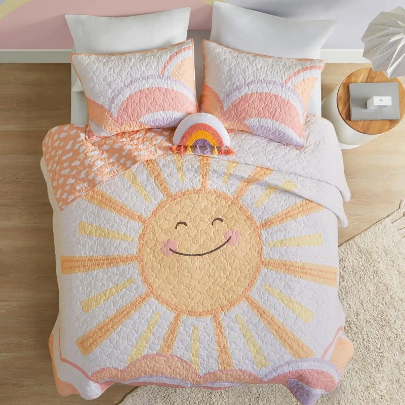 100-Cotton-Kids-Bedding-Set-Cotton-Sun-Full-Size-Quilt-Sets-for-Girls-Rainbow-Clouds-Reversible-Coverlet-Light-Breathable