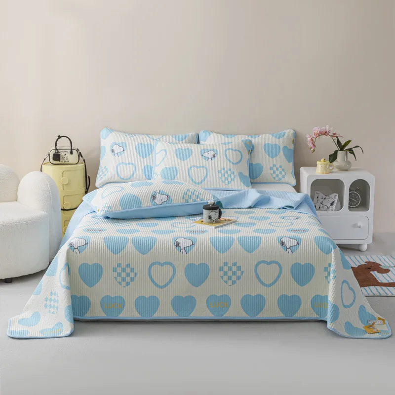 100-Cotton-Printed-Quilted-Cartoon-Heart-Snoopy-3-Piece-Bedspread-Set-Two-Pillow-Covers-for-Kids-All-Season-Bedroom-Use