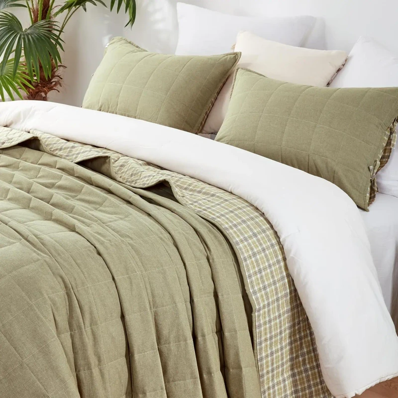 100-Cotton-Quilted-Quilt-Olive-Green-for-Home-Bedroom-Cozy-Bedding