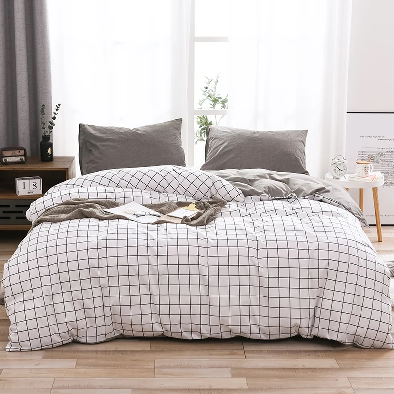 100-Cotton-White-Grid-Checkered-Duvet-Cover-Set-3PC-Queen-King-Size-Bedding-Set-with-Pillowcases