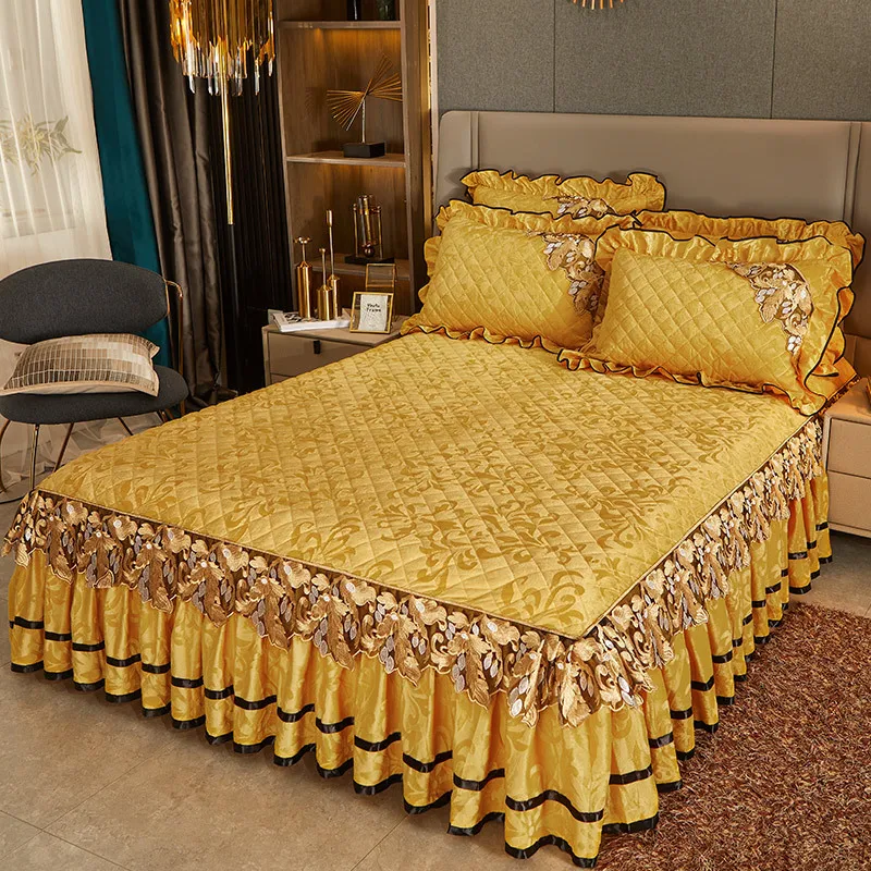 100-Polyester-Embroidery-Bed-Skirt-Set-Queen-Bedspread-Bed-Cover-Bedding-Set