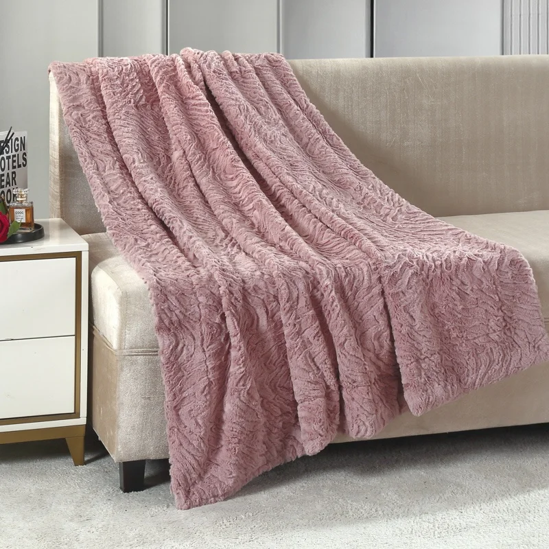 100-Polyester-Rabbit-Hair-Brushed-Flannel-Soft-Pink-Raschel-Blanket-Woven-Solid-Pattern-Cover-Blankets
