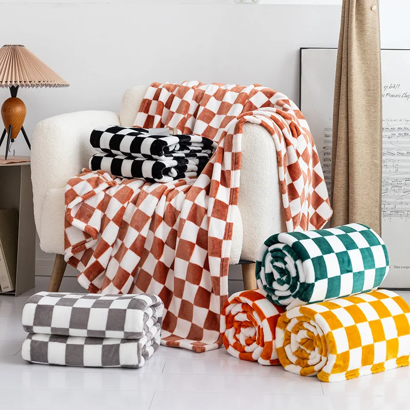 100-Polyester-Raschel-Technique-Checkerboard-Flannel-Blanket-Geometric-Crocheted-Milk-Fleece-Velvet-Throw-Vintage