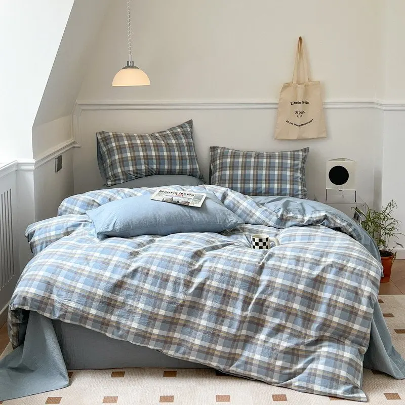 100-Pure-Cotton-Four-Piece-Nordic-Style-Solid-Color-Geometric-Pattern-All-Season-Washed-Dormitory-Bedding-Set-Customizable