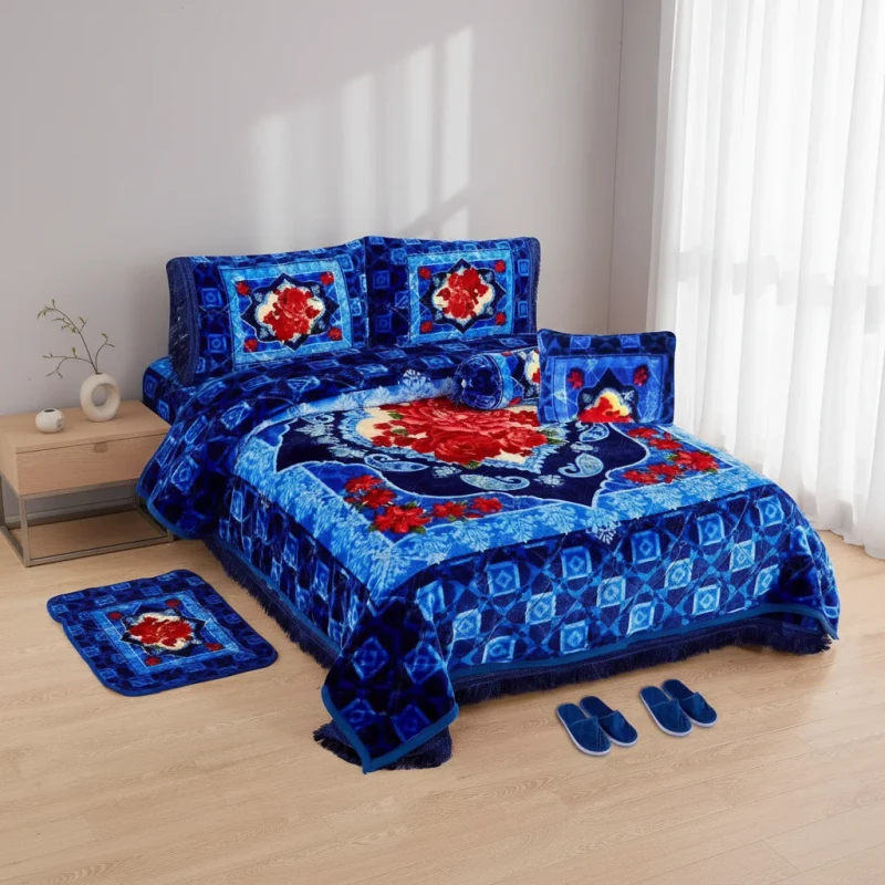 10PCS-Modern-Knitted-Polyester-Filled-Raschel-Blanket-Set-King-Size-Embossed-Bedding-Set-Matching-Carpet-for-Winter