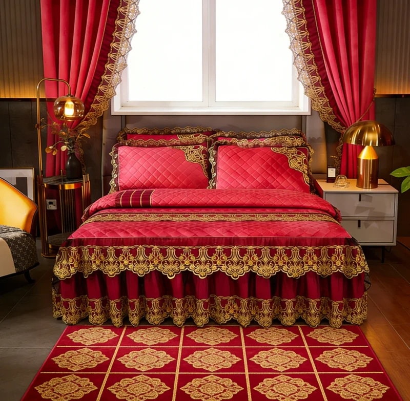 12-Piece-Wedding-Bedding-Set-Embroidered-Bed-Skirt-Duvet-Cover-Comforter-Pillowcases-Curtains-Rug-Eye-Mask-Custom