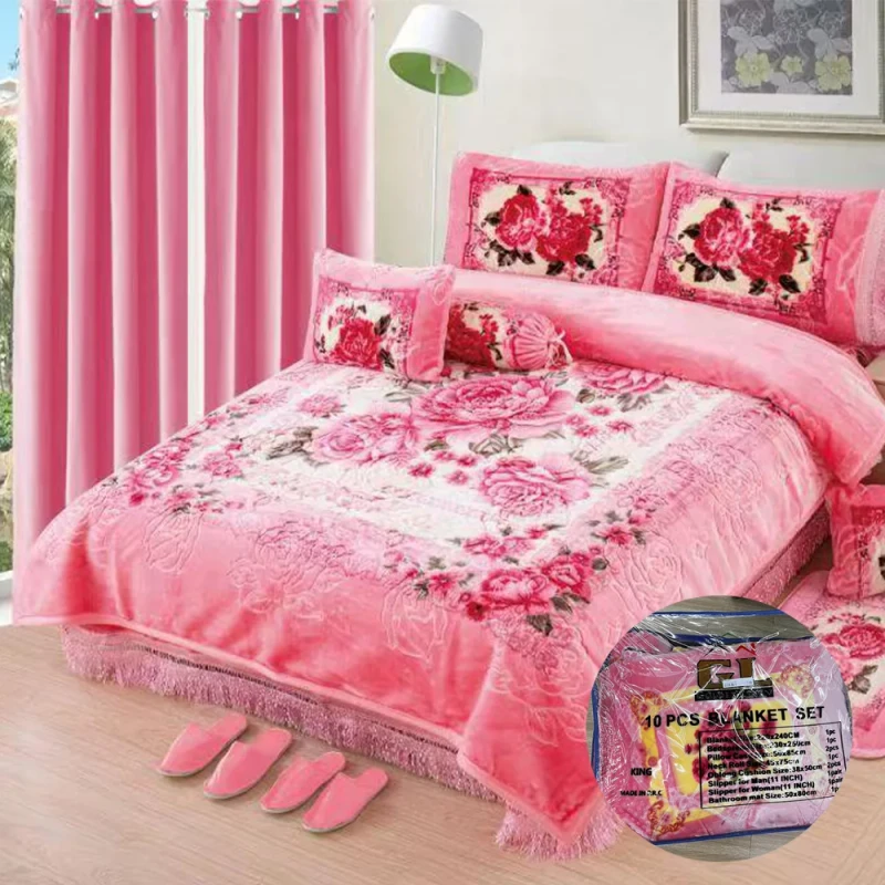 12-Pieces-Raschel-Blanket-Set-with-Matching-Curtains-Red-Printing-Floral-Pattern-Fleece-Blanket-Curtains-Set