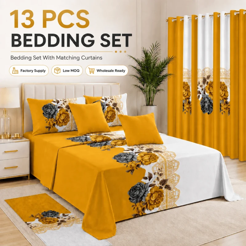 13PCS-Floral-Printed-Bedding-Set-With-Matching-Curtains-Modern-Soft-Microfiber-Bed-Sheet-Set-For-Home-Hotel
