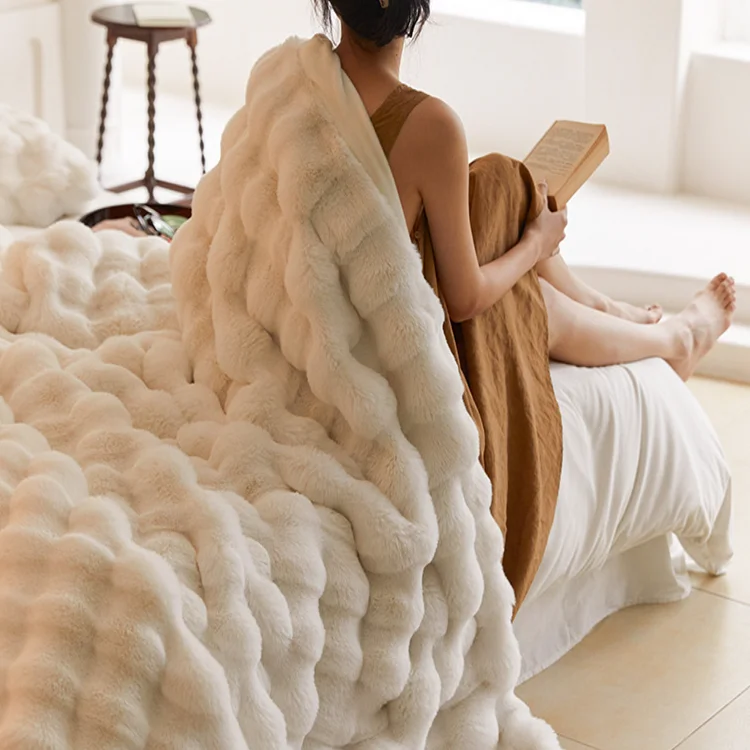 150-200cm-Gray-Beige-Faux-Rabbit-Fur-Blanket
