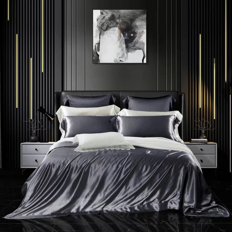 16mm-19mm-21mm-Grey-Solid-Color-100-Silk-Comforter-Duvet-Cover-Four-Piece-Bedding-Set