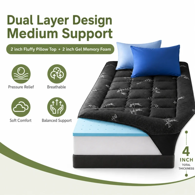 2-Layer-Gel-Memory-Foam-Mattress-Topper-Fluffy-Pillow-Top-Mattress-Pad-Protector-Medium-Firm-Pressure-Relief-Bed-Pad