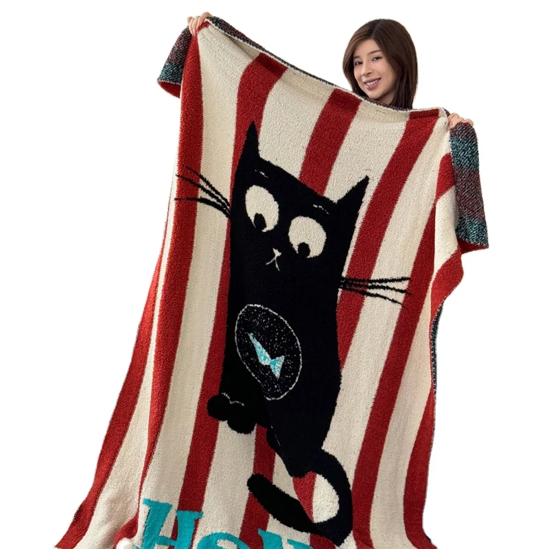 250GSM-Raschel-Knitted-Half-Velvet-Striped-Decorative-Bedding-Cartoon-Cat-Polyester-Anti-Pilling-All-Season