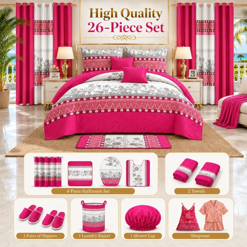 26-Piece-King-Size-Quilted-Bedspread-Bedding-Set-with-Curtains-Rug-Towels-Slippers-Complete-Bedroom-Set