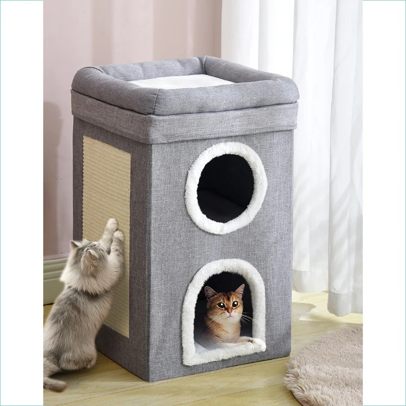 3-Layer-Warm-Foldable-All-Season-Pet-Cat-House-Classic-Solid-Indoor-Pet-Bed-With-Scratching-Board-and-Cat-Cando