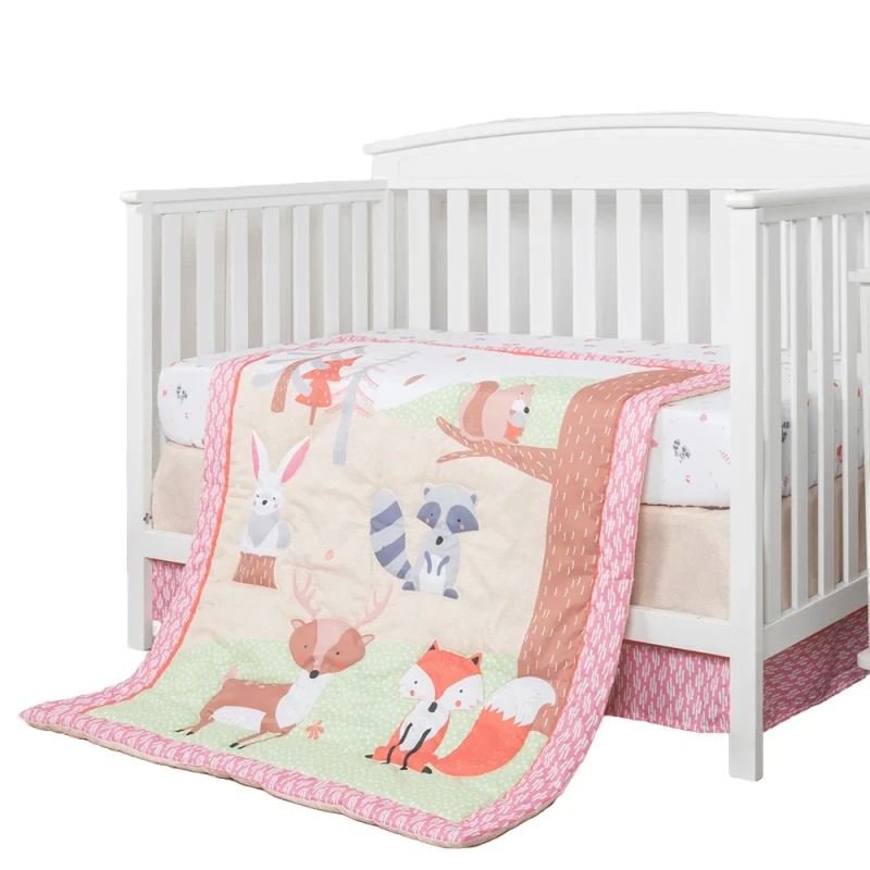 3-Piece-Crib-Bedding-Set-Baby-Crib-Autumn-Jungle-Theme-100-Cotton-Pink-Nursery-Bedding