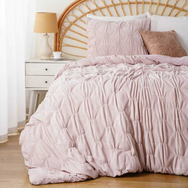 3-Piece-Luxury-Bedding-Sets-Blush-Pink-Pinch-Pleat-Elastic-Embroidery-Smocking-Ruched-Velvet-Fleece-Comforter-Set-with-2-Shams