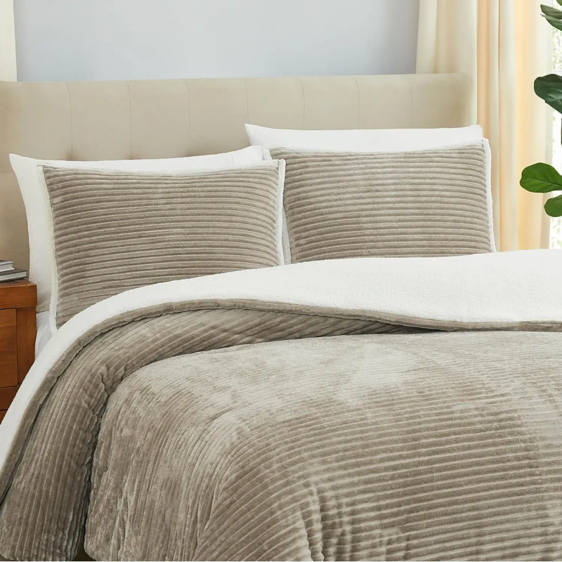 3-Piece-Plush-Warm-Bedding-Comforter-Sets-Sherpa-Comforter-Set-with-2-Pillow-Sham-Taupe-Reversible
