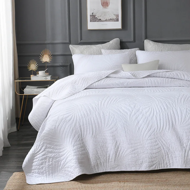3-Piece-Set-Quilted-Bedspread-with-Double-Sided-Embroidered-Leaves-Cotton-Filling-Solid-Pattern-for-Hotel-Use