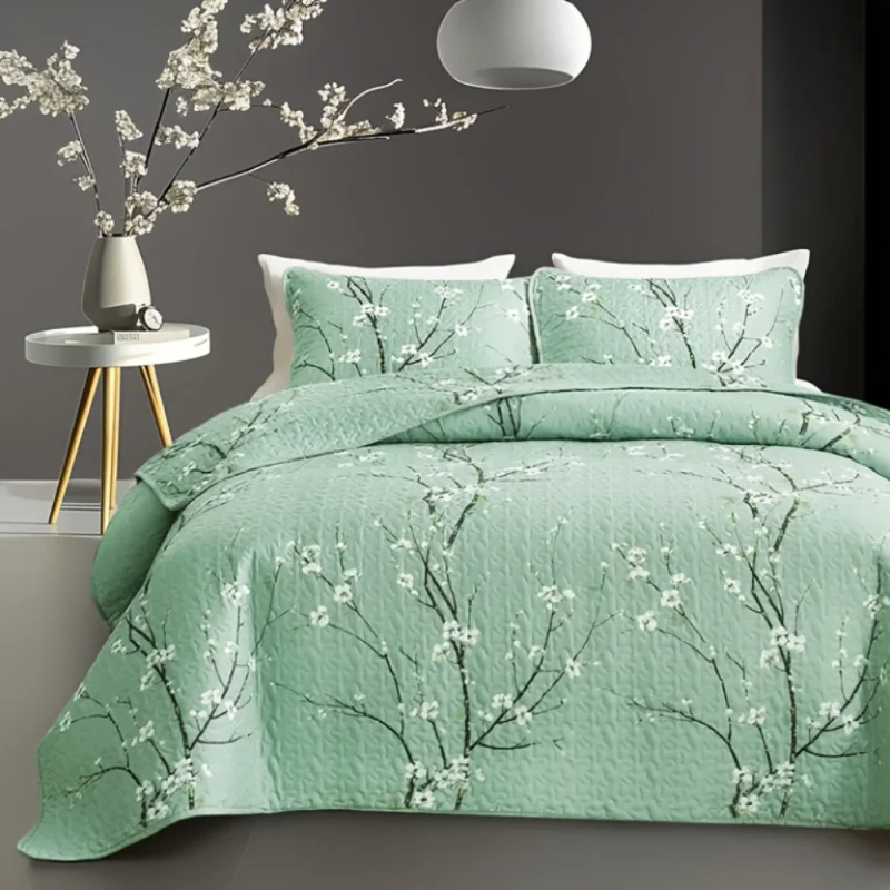 3PCS-Multi-color-Branch-Blooming-Plum-Blossom-Printed-Quilted-Pillowcase-Bed-Cover-Set-Hypoallergenic-Machine-washable-Polyester