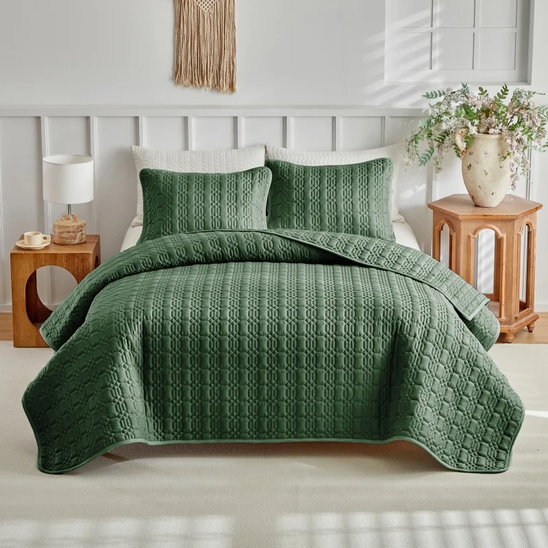 3PCS-Quilted-Bedspread-Set-Olive-Green-Polyester-Filled-Thin-Quilt-Bedding