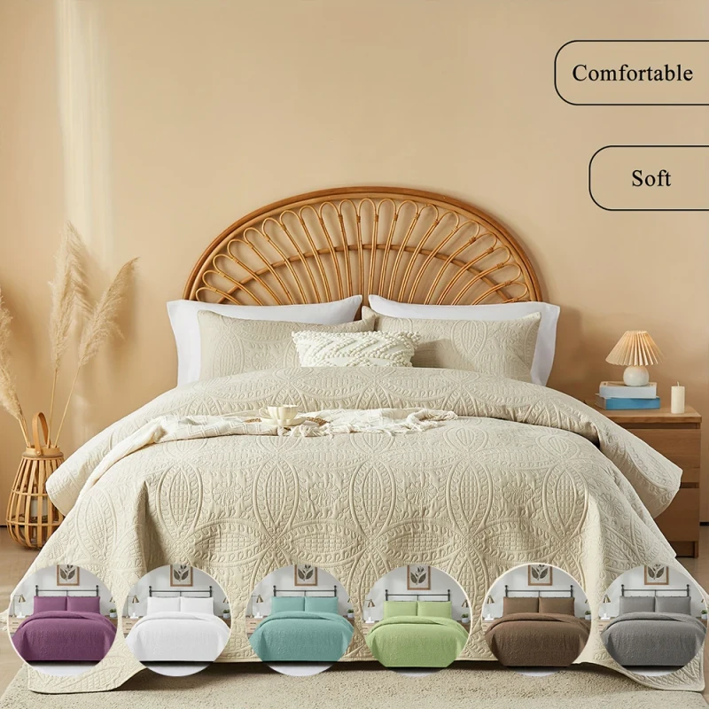 3PCS-Washable-Solid-Color-Double-Ring-Flower-Ultrasonic-Embossed-Quilted-Bed-Cover