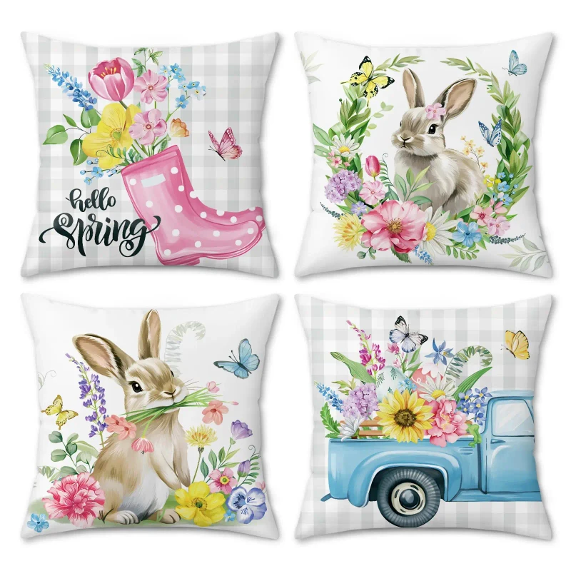 4-Pcs-Easter-Pillow-Covers-Rabbit-Flower-Cart-Butterfly-Water-Buffalo-Grid-Design-Suitable-for-Home-Terrace-Garden-Decoration