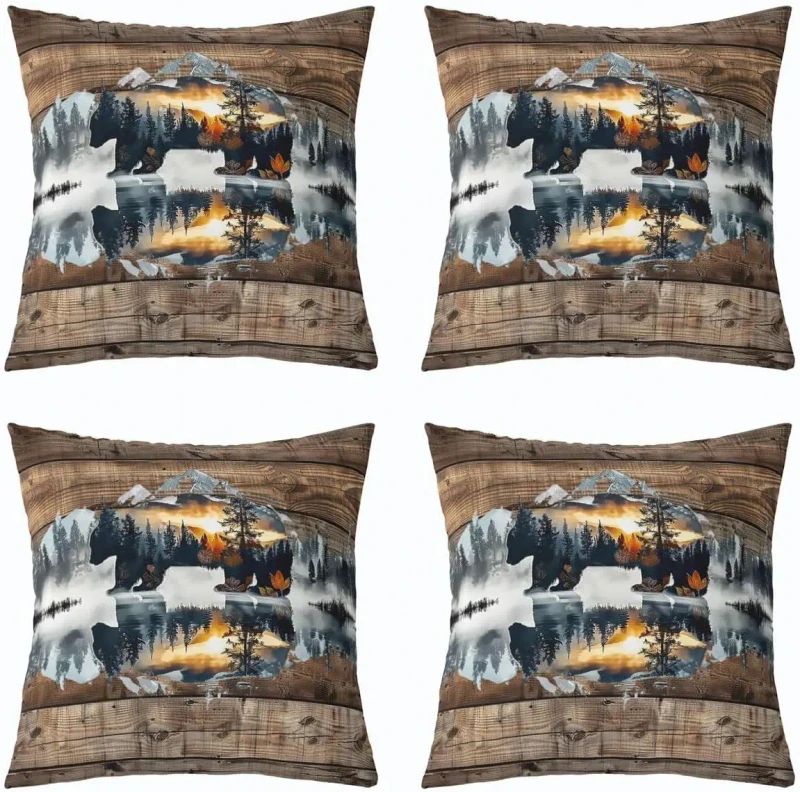4-Pcs-Forest-Animal-Brown-Pillow-Cover-Farmhouse-Black-Bear-and-Forest-Suitable-for-Home-Bedroom-Sofa-Pillowcase