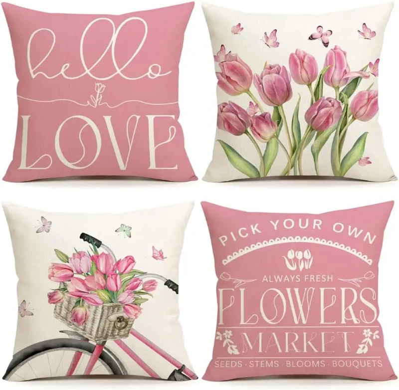 4-Pcs-Hello-Love-Pink-Tulip-Bicycle-Pillow-Cover-18-X-18-Inch-Flowers-Spring-Mothers-Day-Sofa-Cushion-Cover