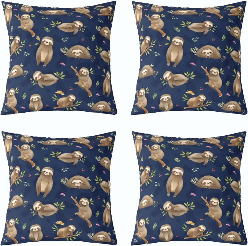 4-Pcs-Navy-Blue-Sloth-Linen-Square-Pillow-Cover-Cute-Sloth-18-18-Inches-Suitable-for-Home-Bedroom-Sofa-Pillowcase