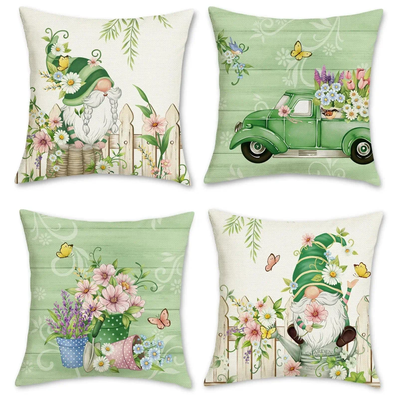 4-Pcs-Spring-Gnomes-Pillow-Covers-Green-Flower-Leaf-Truck-Farmhouse-Design-Suitable-for-Home-Outdoor-Garden-Terrace-Decoration