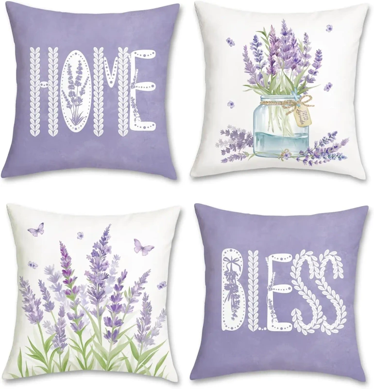 4-Pcs-Spring-Pillow-Cover-Purple-Lavender-Bouquet-Vase-Garden-Design-Suitable-for-Home-Outdoor-Garden-Terrace-Decoration