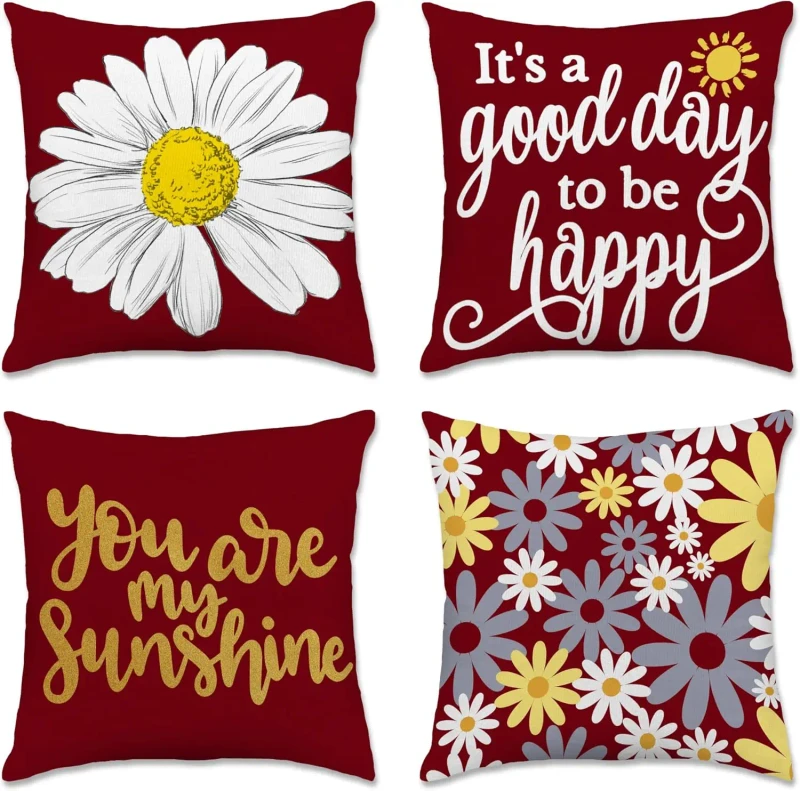4-Pcs-Spring-Pillow-Covers-Deep-Red-Daisy-Design-Suitable-for-Home-and-Outdoor-Garden-Terrace-Decoration