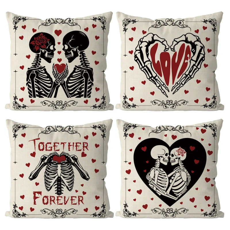 4-Pcs-Valentines-Day-Pillow-Covers-Skeleton-Love-to-Love-Until-Death-Design-Suitable-for-Home-Garden-Decoration
