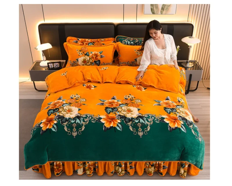 4-Piece-Plush-Bed-Sheet-Set-Super-Soft-100-Polyester-Orange-Green-Solid-Pattern-400-Thread-Count-Duvet-Cover-Sets