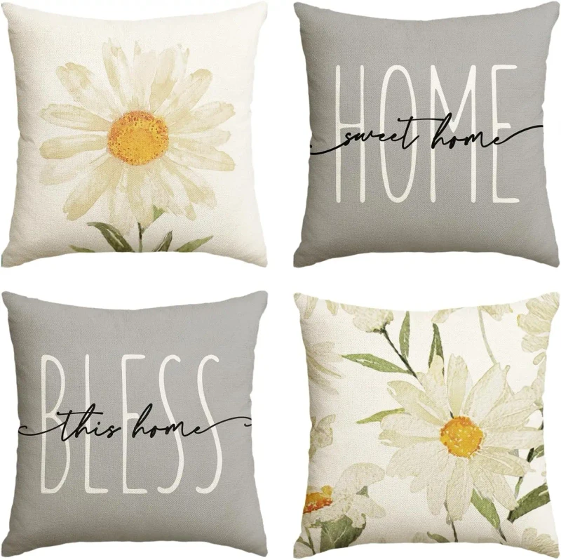 4-Sets-of-Sweet-Home-Spring-Summer-Flower-Pillows-and-Pillowcases-18-18-Inch-Gray-Sofa-Cushion-Covers