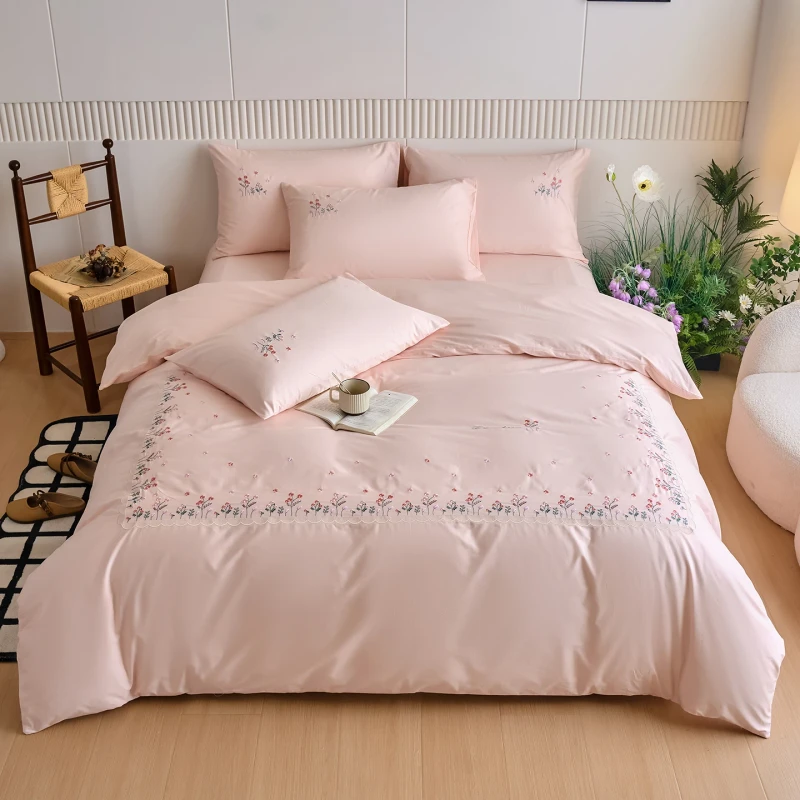 40S-Pure-Nature-Cotton-Flower-Printed-Pink-Embroidery-Duvet-Cover-Set