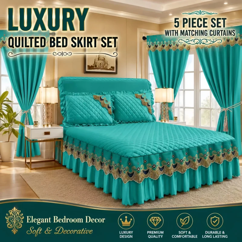 5-Piece-Quilted-Bed-Skirt-Set-With-Matching-Curtains-Luxury-Bedroom-Bedding-Set