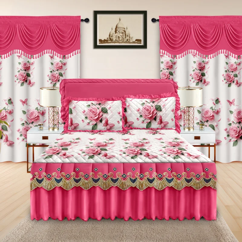5-Piece-Quilted-Bed-Skirt-Set-with-Ruffled-Lace-Trim-and-Luxurious-Embroidery-Complete-with-Matching-Curtains