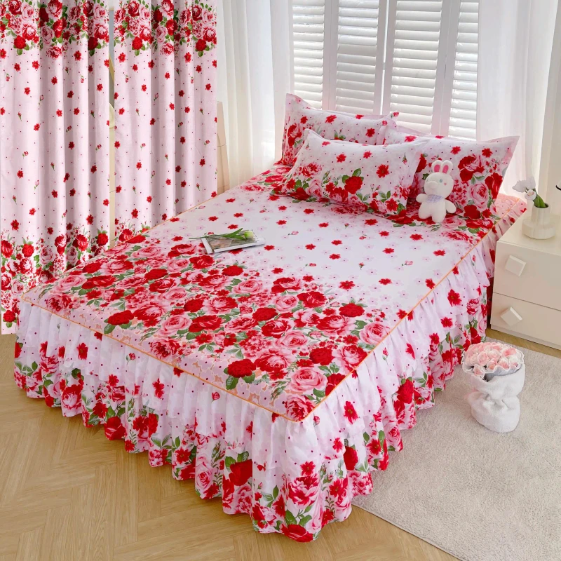 5-Pieces-Bed-Skirts-Set-Double-Layer-With-Matching-Curtains-Ready-to-Ship
