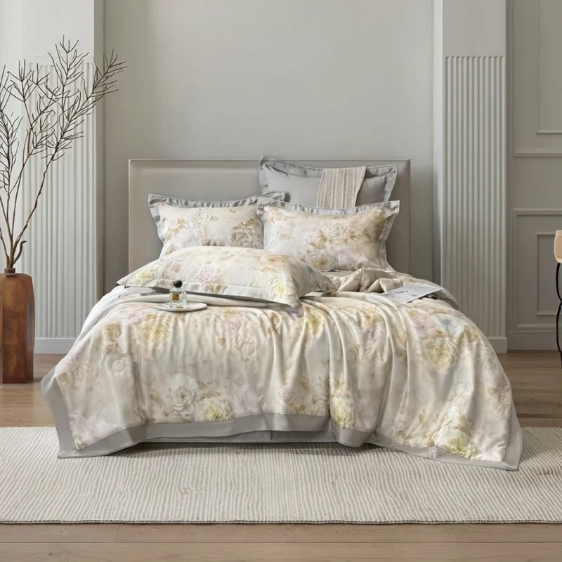 50S-Lyocell-Floral-Digital-Printing-Summer-Quilt-Bed-Sheets-Pillowcases-Double-Coverlets-Four-piece-Bedding-Set