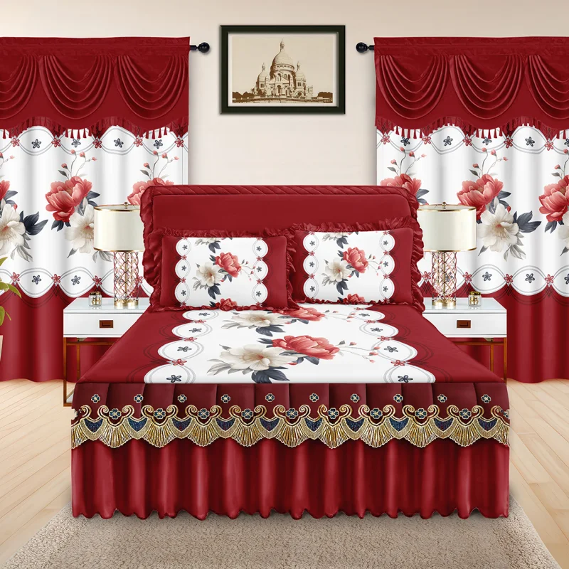 5pcs-Bedskirt-Set-King-Size-Printed-Quilted-Bed-Skirt-Set-With-Curtains-Bedding-Sheet-Set-for-All-Season