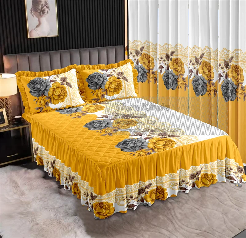 7pcs-Cotton-Bedding-Set-with-Match-Curtains-Quilted-Bedskirt-Set-with-Curtains