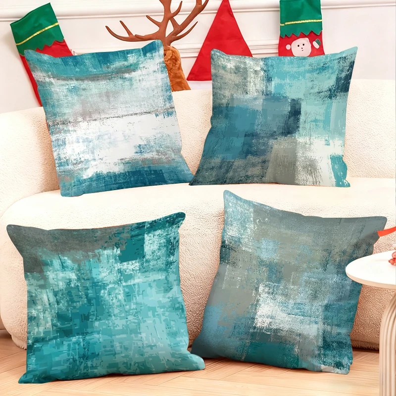 Abstract-teal-throw-pillows-decorate-cozy-living-room-with-festive-holiday-stockings-and-antler-decor
