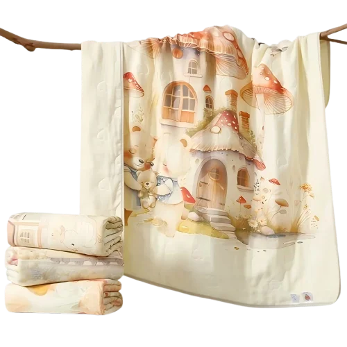 Adorable-Bear-Design-Mushroom-House-Themed-Baby-Blanket-for-Infant-Comfort-Kids-Bedding