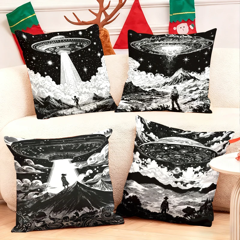 Alien-UFO-encounters-depicted-on-four-decorative-throw-pillows-arranged-on-a-cozy-sofa-with-festive-stockings-in-the-background