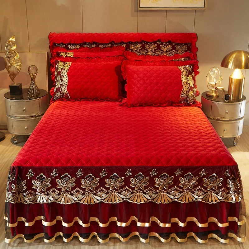 All-Season-Bedspread-and-Bed-Skirt-Velvet-Soft-Conjunto-De-Cama-3Ps-Floral-Pattern-for-Home-Use
