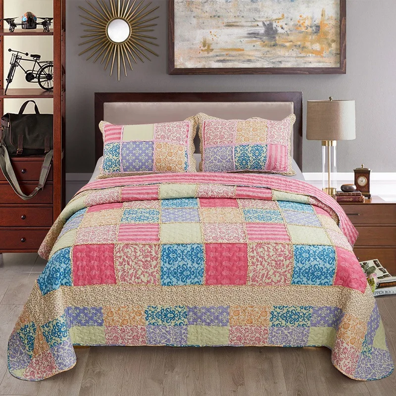 All-Season-Patchwork-Reversible-Queen-Cotton-Quilt-Bedspread-Set-Pillow-Quilt-2-in-1-Thermal-Quilt-Bedspread-Cotton-Set